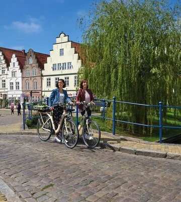 Blick auf Häuserfront vor Grachtenbrücke in Friedrichstadt